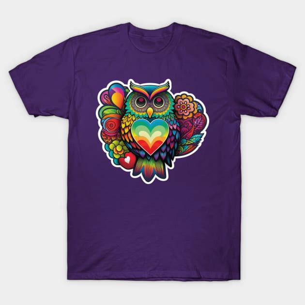 Groovy Psychedelic Owl in Purple T-Shirt by TheArtfulAllie